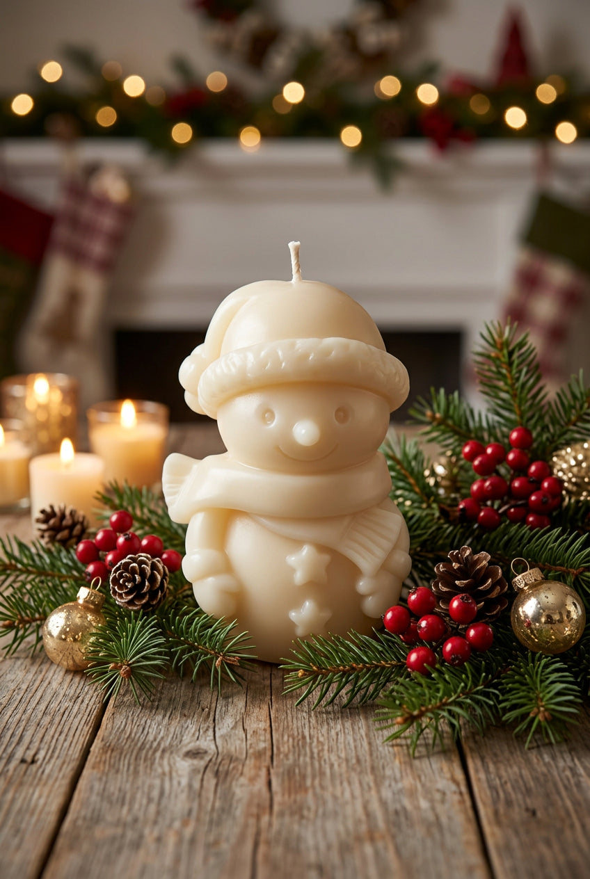 Ręcznie wykonana świeca ozdobna w formie bałwanka o zapachu Christmas Moments.