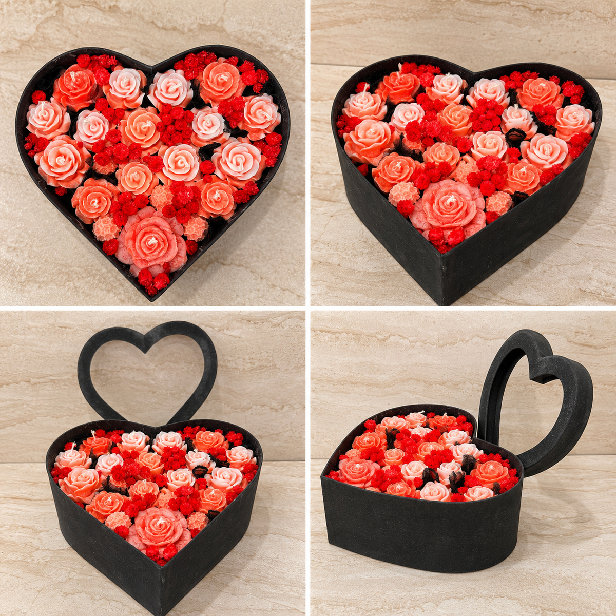 Flower Box serce na zamówienie z kwiatami z wosku – cztery widoki produktu