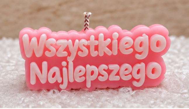 Świeca ozdobna Wszystkiego Najlepszego — ręcznie wykonana forma z wosku.